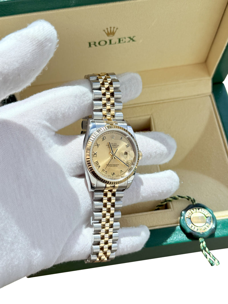 Rolex Datejust 36mm Steel Yellow Gold Champagne Roman Dial Mens Watch 116233
