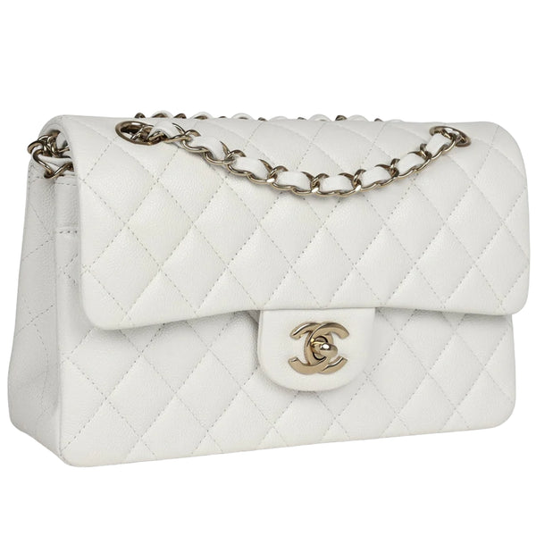 Chanel Small Classic Double Flap White Caviar Light Gold Hardware