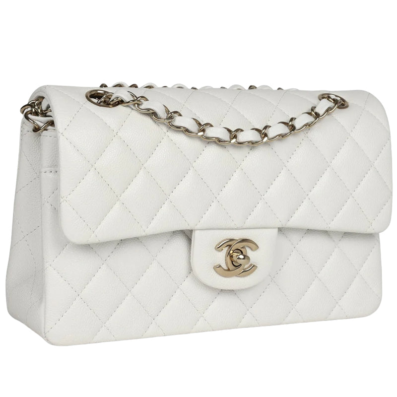 Chanel Small Classic Double Flap White Caviar Light Gold Hardware