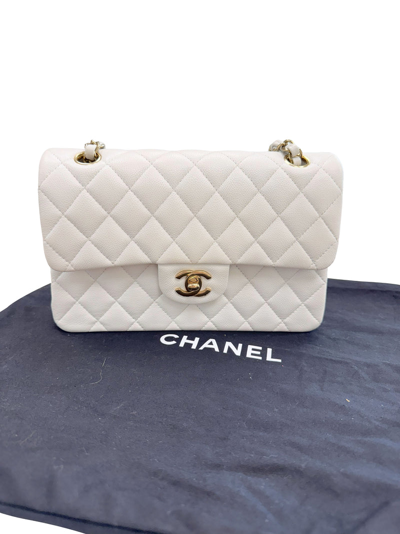 Chanel Small Classic Double Flap White Caviar Light Gold Hardware