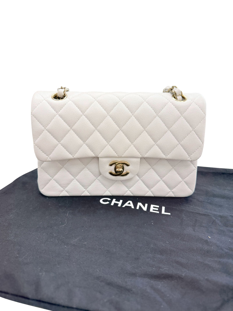Chanel Small Classic Double Flap White Caviar Light Gold Hardware