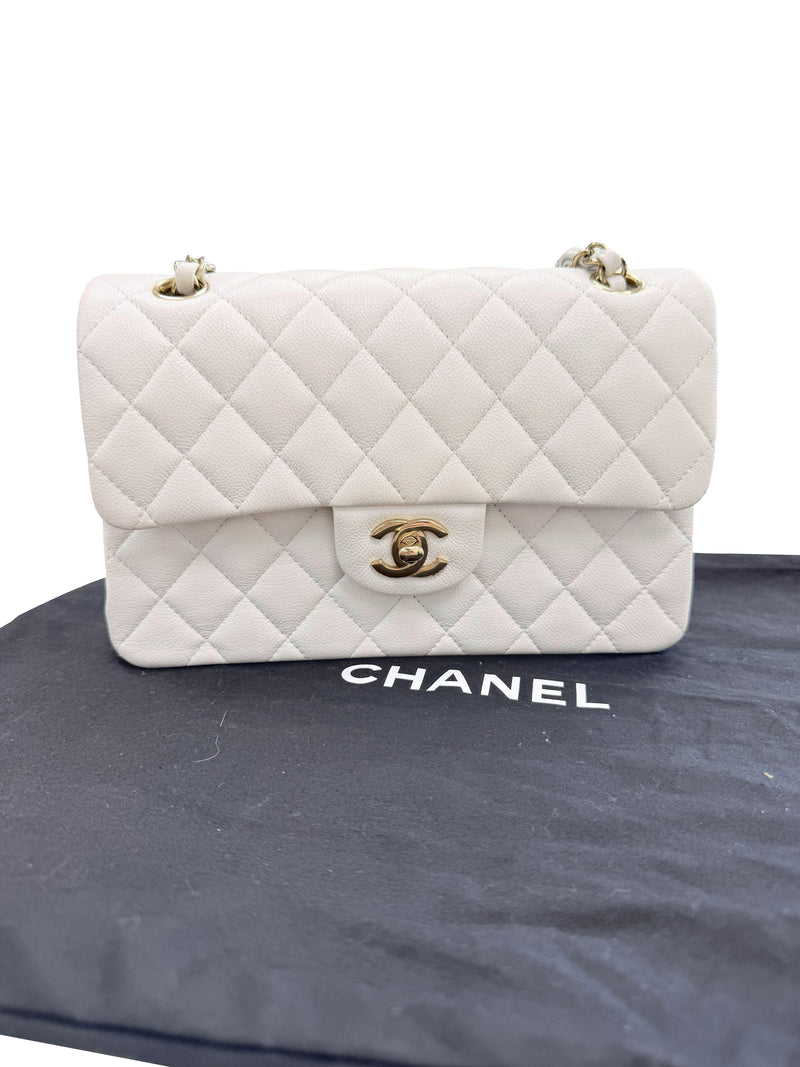 Chanel Small Classic Double Flap White Caviar Light Gold Hardware
