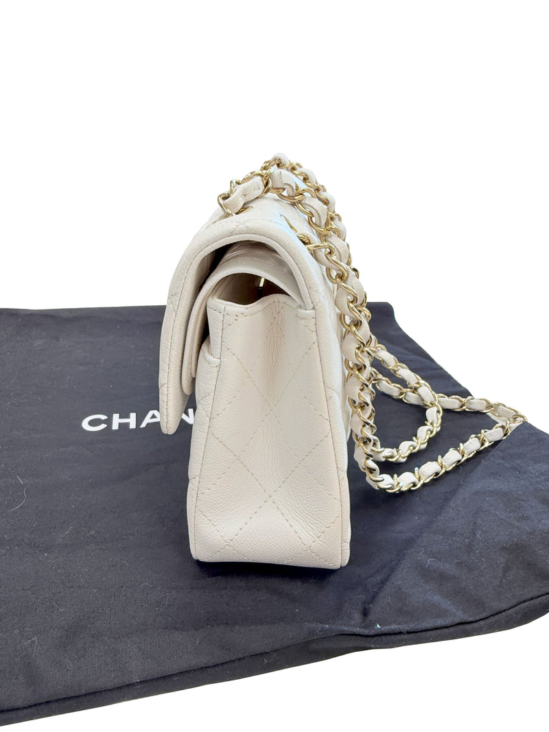 Chanel Small Classic Double Flap White Caviar Light Gold Hardware