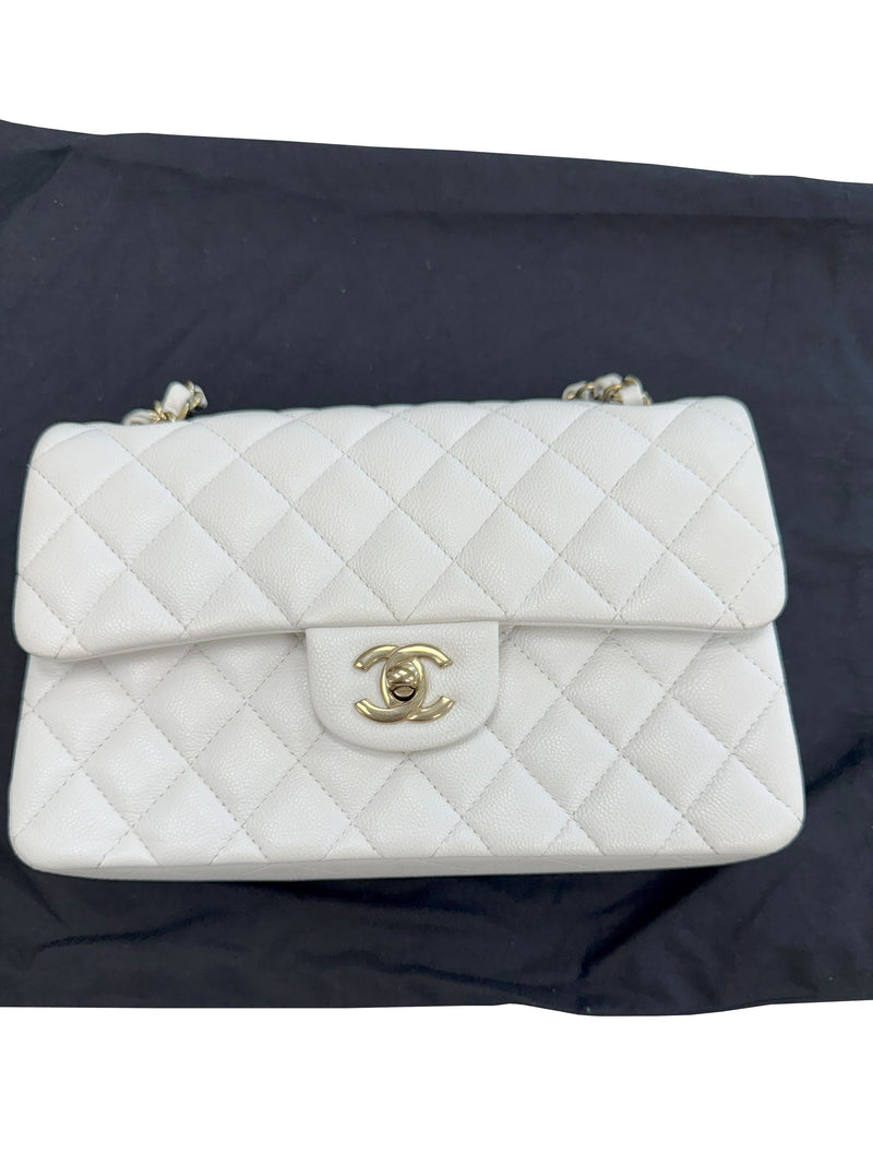 Chanel Small Classic Double Flap White Caviar Light Gold Hardware