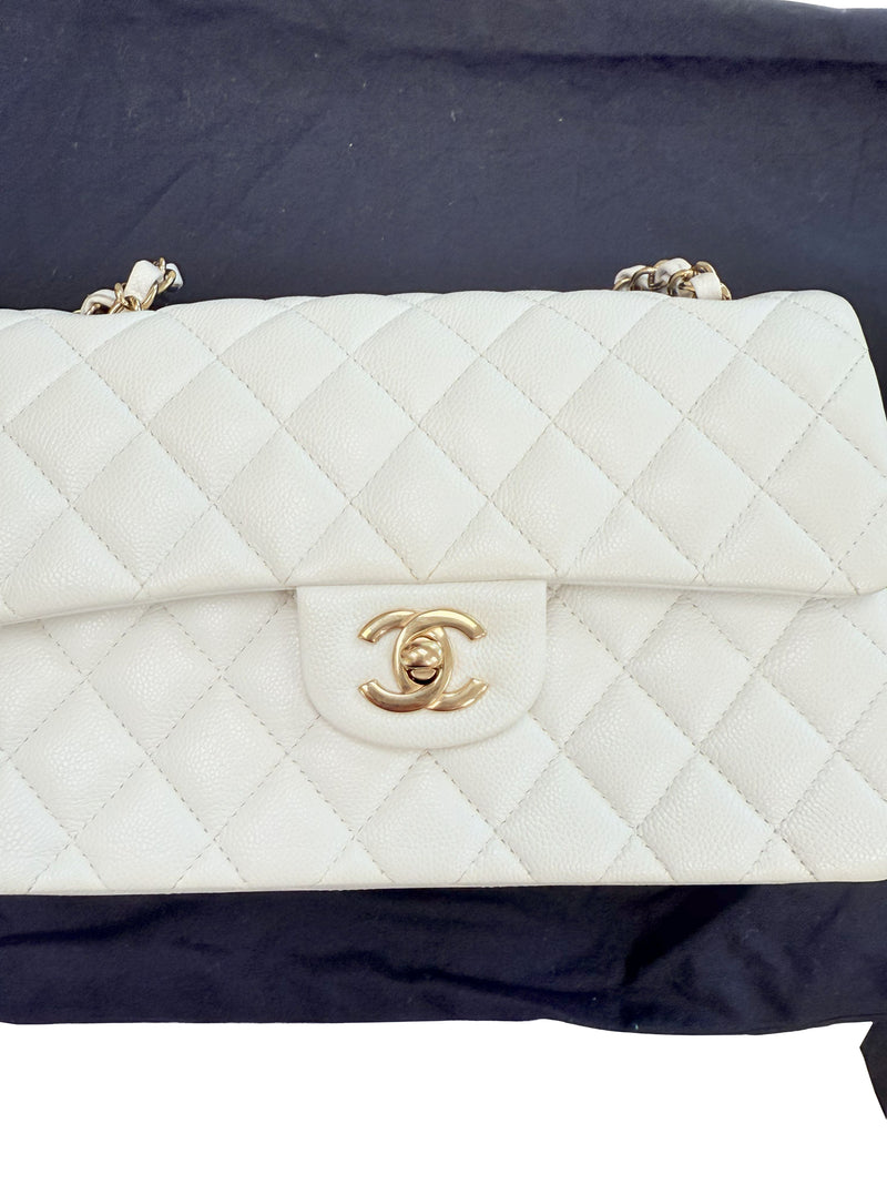 Chanel Small Classic Double Flap White Caviar Light Gold Hardware