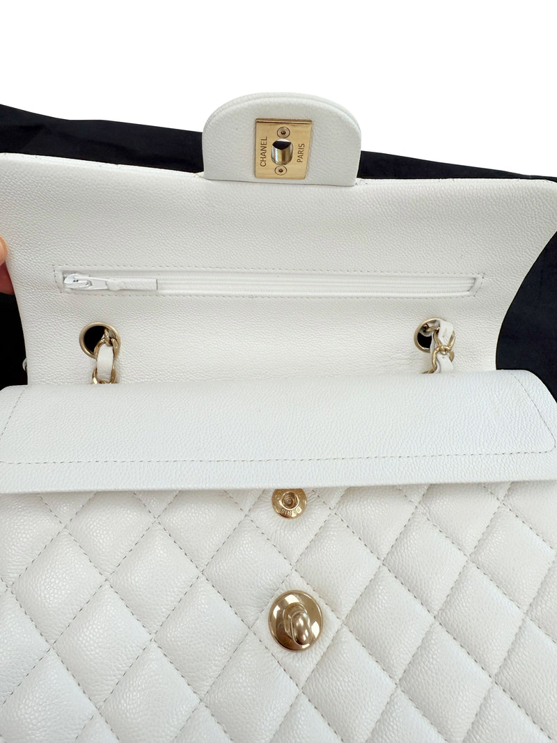 Chanel Small Classic Double Flap White Caviar Light Gold Hardware