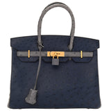 Hermes Birkin 30 Bleu Iris Gris Agate Ostrich Horseshoe Matte Gold Hardware