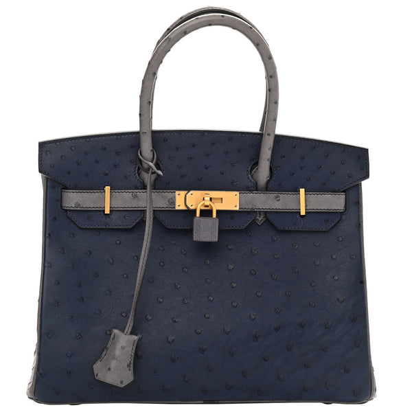 Hermes Birkin 30 Bleu Iris Gris Agate Ostrich Horseshoe Matte Gold Hardware