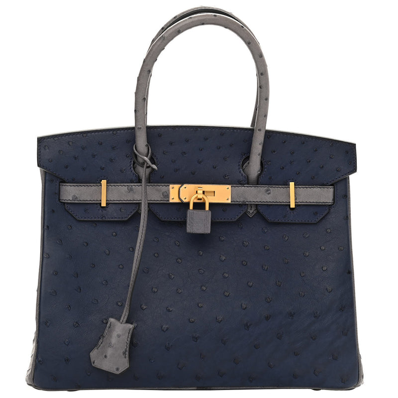 Hermes Birkin 30 Bleu Iris Gris Agate Ostrich Horseshoe Matte Gold Hardware