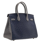 Hermes Birkin 30 Bleu Iris Gris Agate Ostrich Horseshoe Matte Gold Hardware