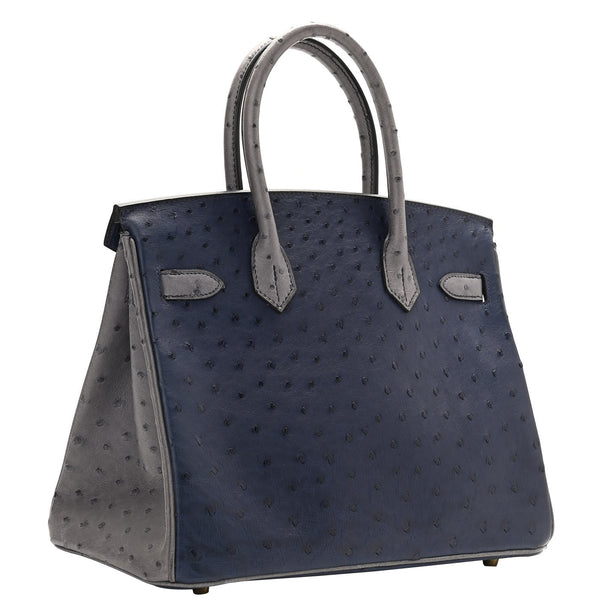 Hermes Birkin 30 Bleu Iris Gris Agate Ostrich Horseshoe Matte Gold Hardware