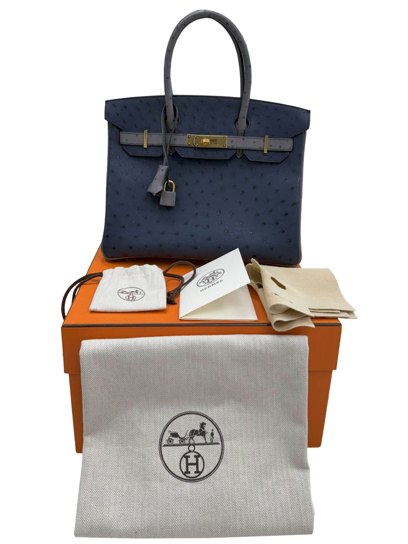 Hermes Birkin 30 Bleu Iris Gris Agate Ostrich Horseshoe Matte Gold Hardware