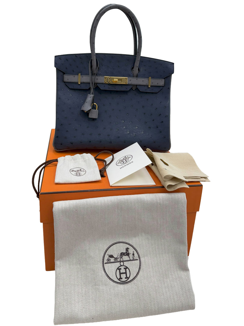 Hermes Birkin 30 Bleu Iris Gris Agate Ostrich Horseshoe Matte Gold Hardware
