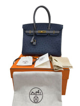 Hermes Birkin 30 Bleu Iris Gris Agate Ostrich Horseshoe Matte Gold Hardware