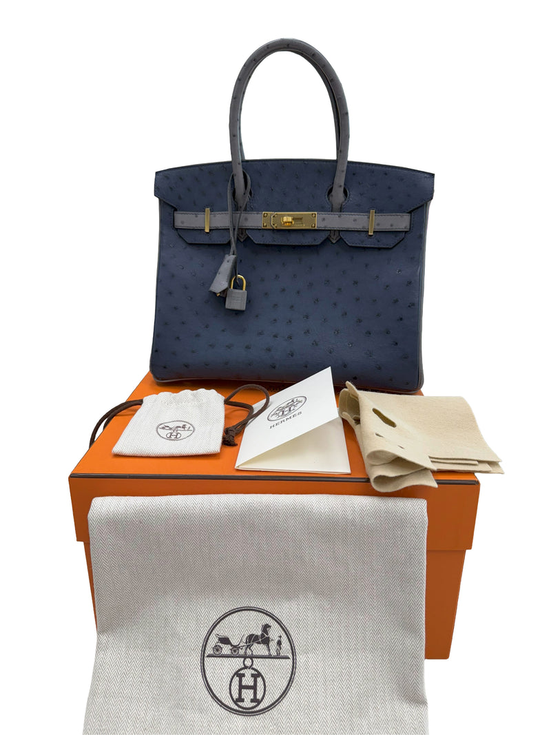 Hermes Birkin 30 Bleu Iris Gris Agate Ostrich Horseshoe Matte Gold Hardware