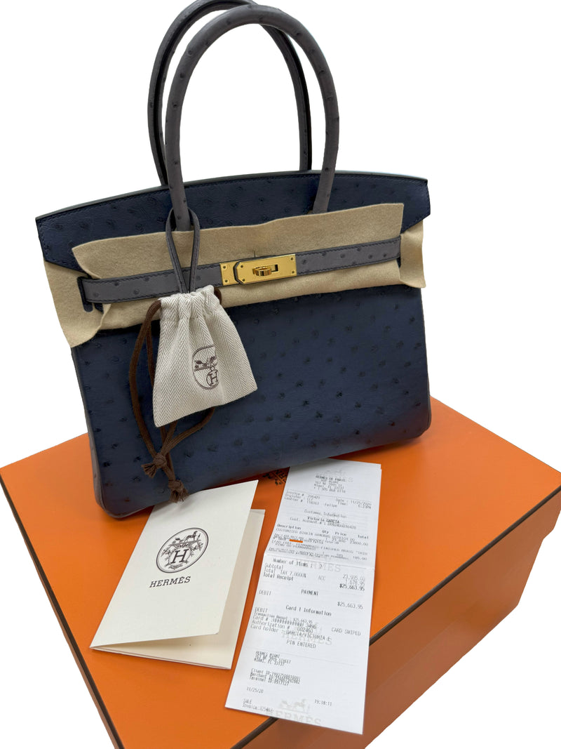 Hermes Birkin 30 Bleu Iris Gris Agate Ostrich Horseshoe Matte Gold Hardware