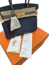 Hermes Birkin 30 Bleu Iris Gris Agate Ostrich Horseshoe Matte Gold Hardware