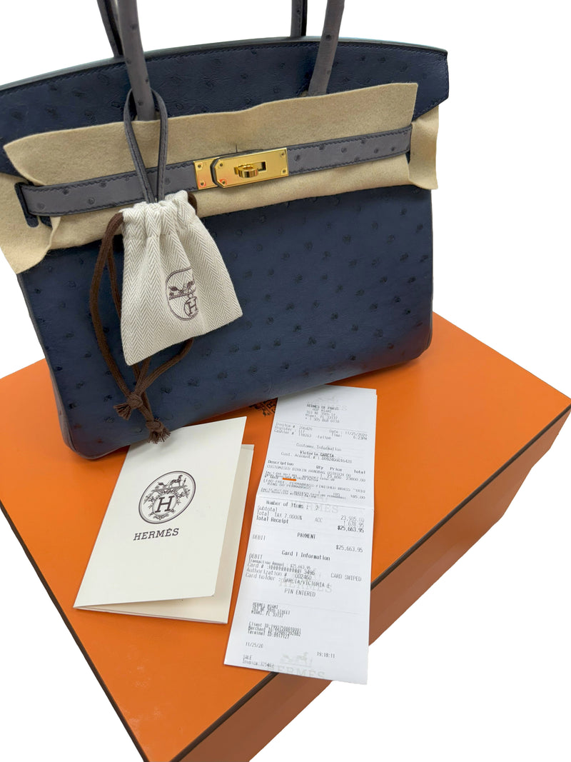 Hermes Birkin 30 Bleu Iris Gris Agate Ostrich Horseshoe Matte Gold Hardware