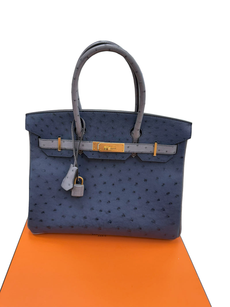 Hermes Birkin 30 Bleu Iris Gris Agate Ostrich Horseshoe Matte Gold Hardware