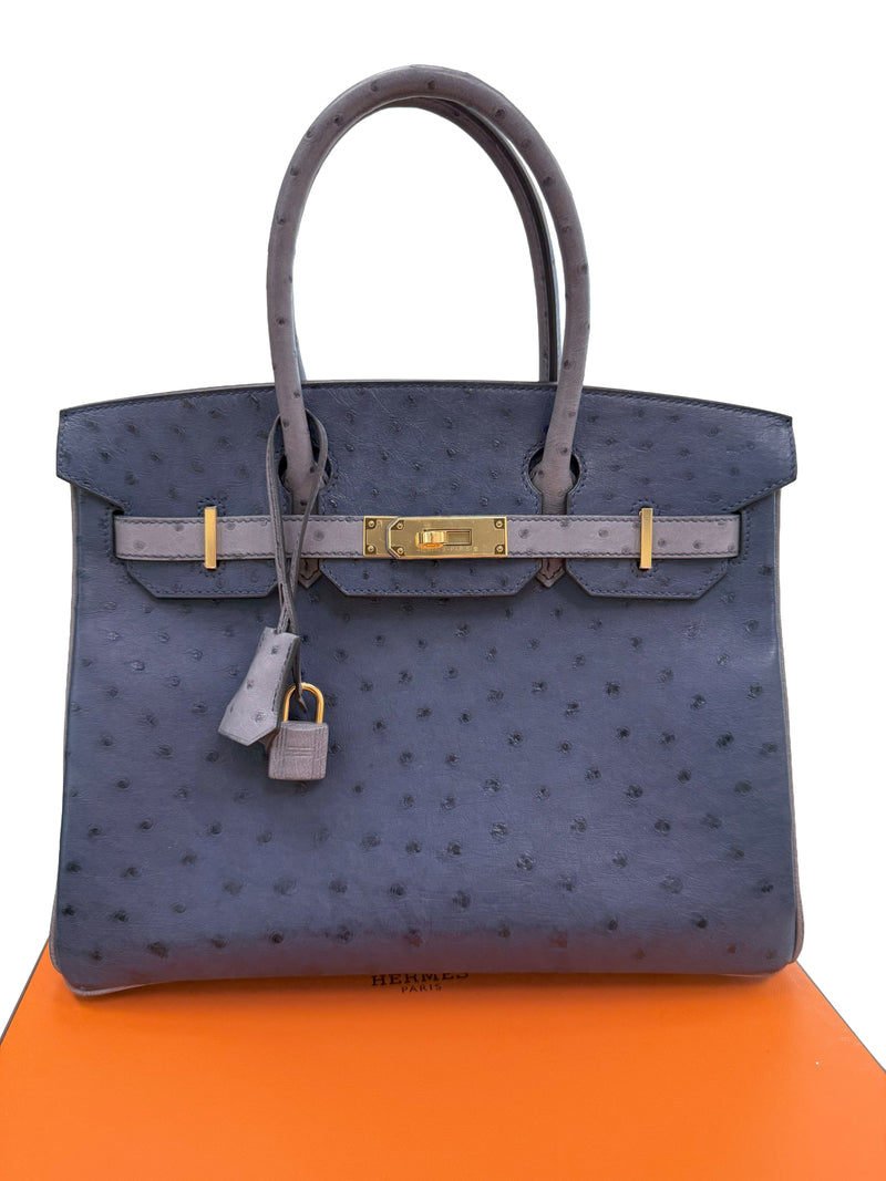 Hermes Birkin 30 Bleu Iris Gris Agate Ostrich Horseshoe Matte Gold Hardware