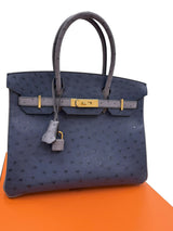 Hermes Birkin 30 Bleu Iris Gris Agate Ostrich Horseshoe Matte Gold Hardware