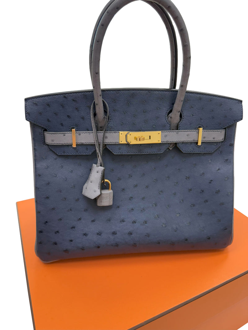 Hermes Birkin 30 Bleu Iris Gris Agate Ostrich Horseshoe Matte Gold Hardware