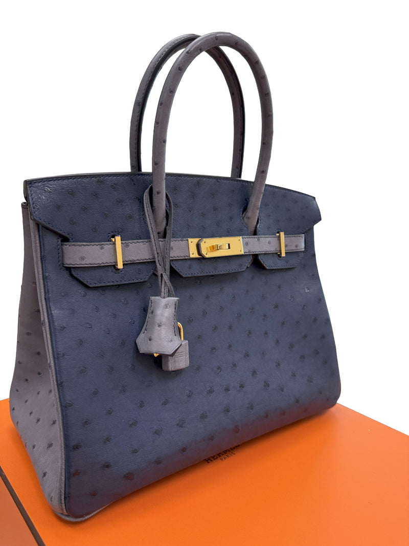 Hermes Birkin 30 Bleu Iris Gris Agate Ostrich Horseshoe Matte Gold Hardware