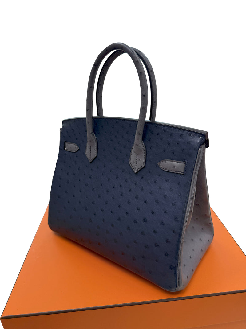 Hermes Birkin 30 Bleu Iris Gris Agate Ostrich Horseshoe Matte Gold Hardware