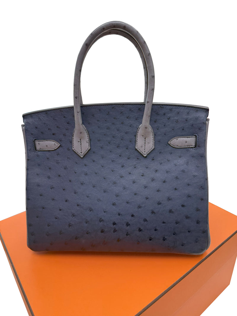 Hermes Birkin 30 Bleu Iris Gris Agate Ostrich Horseshoe Matte Gold Hardware