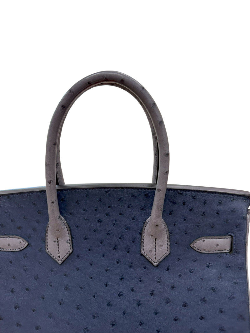 Hermes Birkin 30 Bleu Iris Gris Agate Ostrich Horseshoe Matte Gold Hardware