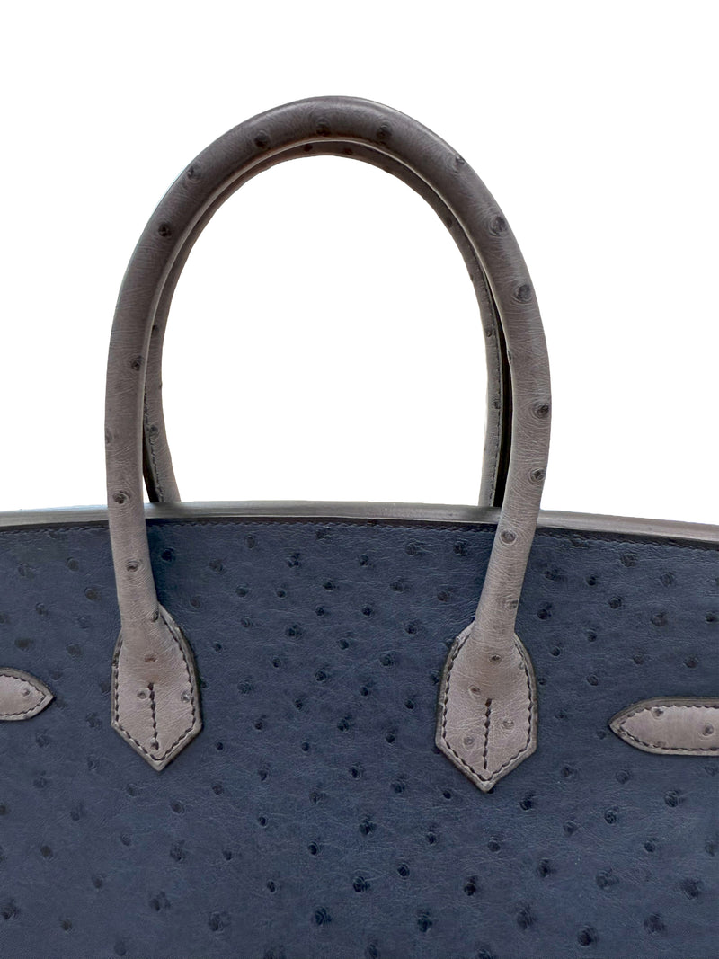 Hermes Birkin 30 Bleu Iris Gris Agate Ostrich Horseshoe Matte Gold Hardware