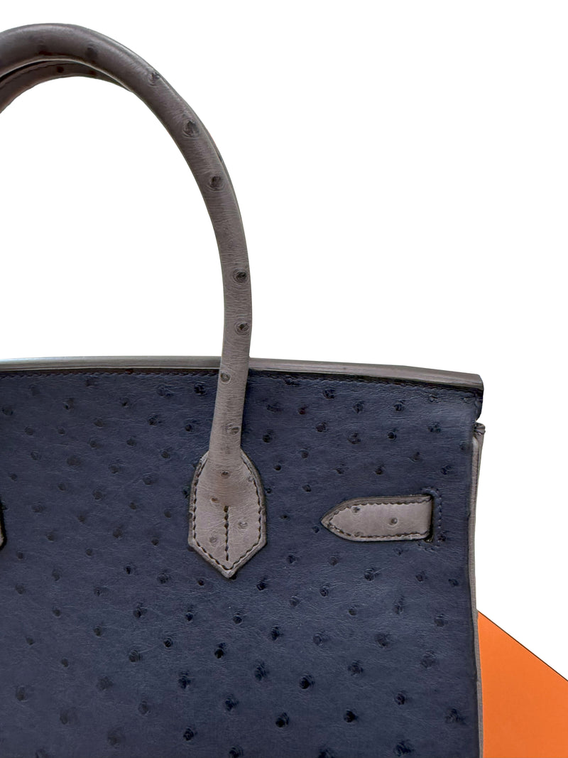 Hermes Birkin 30 Bleu Iris Gris Agate Ostrich Horseshoe Matte Gold Hardware