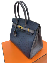 Hermes Birkin 30 Bleu Iris Gris Agate Ostrich Horseshoe Matte Gold Hardware