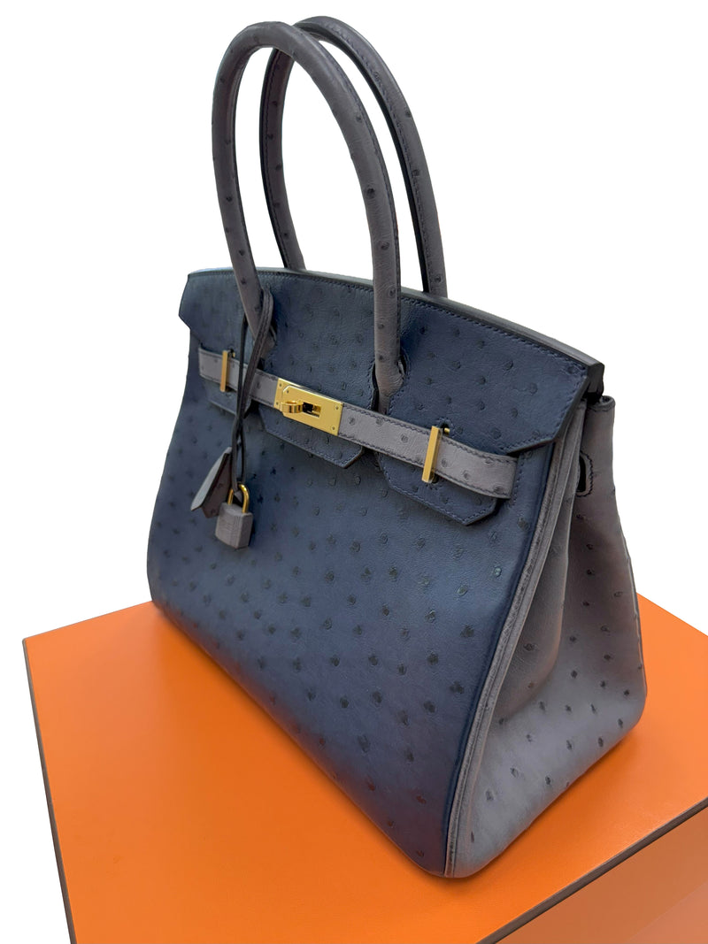 Hermes Birkin 30 Bleu Iris Gris Agate Ostrich Horseshoe Matte Gold Hardware