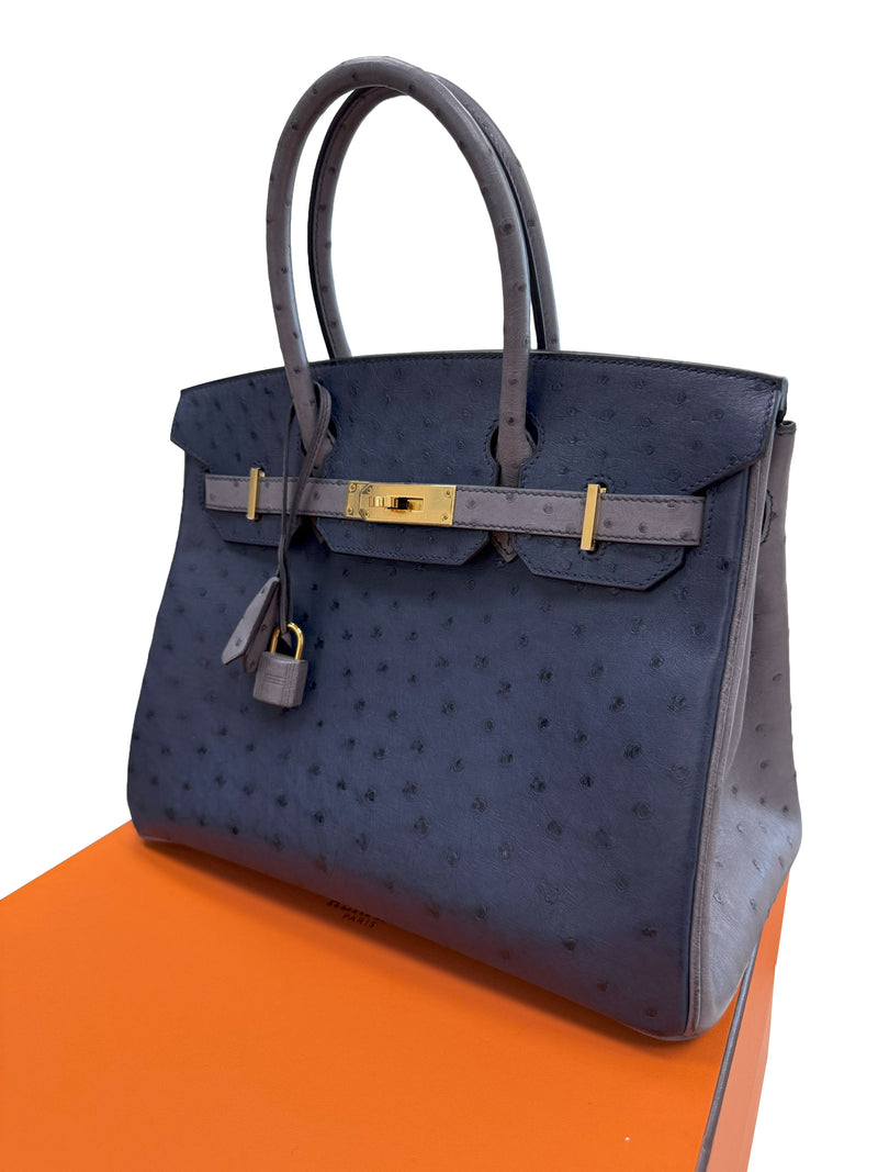 Hermes Birkin 30 Bleu Iris Gris Agate Ostrich Horseshoe Matte Gold Hardware