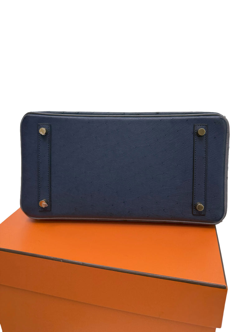Hermes Birkin 30 Bleu Iris Gris Agate Ostrich Horseshoe Matte Gold Hardware