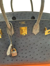 Hermes Birkin 30 Bleu Iris Gris Agate Ostrich Horseshoe Matte Gold Hardware
