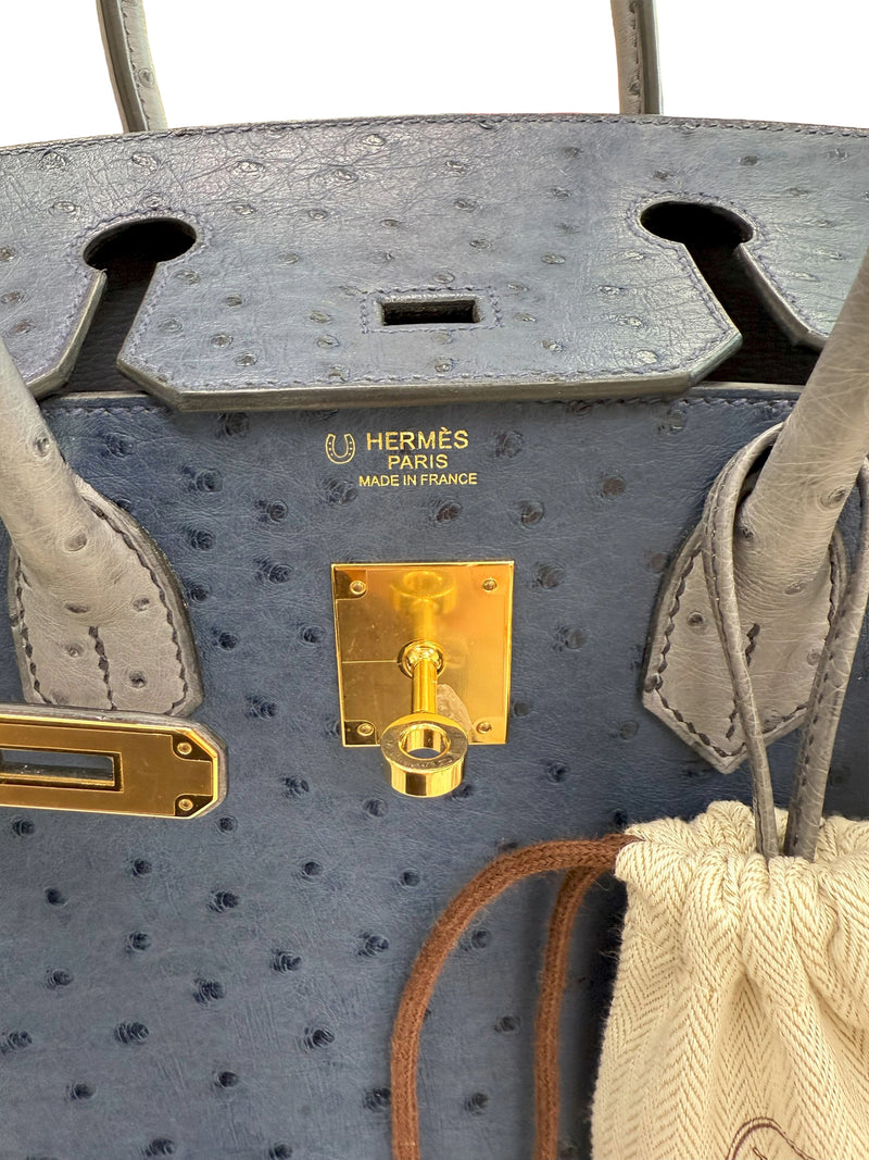 Hermes Birkin 30 Bleu Iris Gris Agate Ostrich Horseshoe Matte Gold Hardware