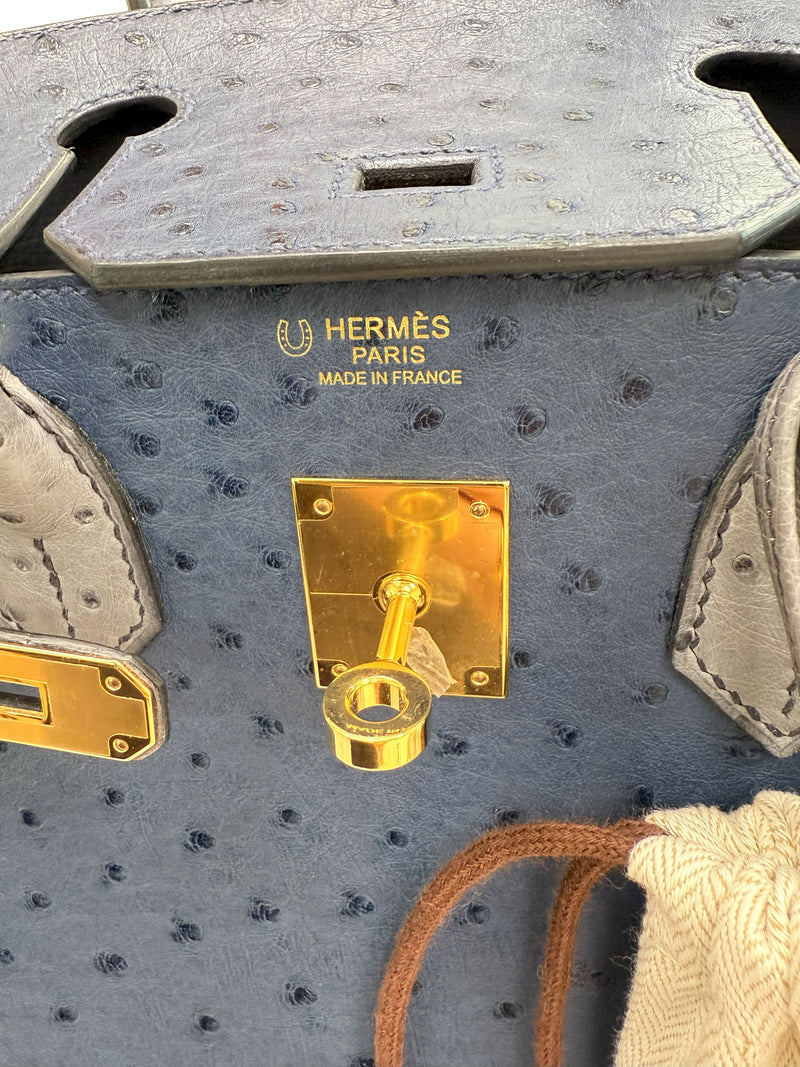 Hermes Birkin 30 Bleu Iris Gris Agate Ostrich Horseshoe Matte Gold Hardware