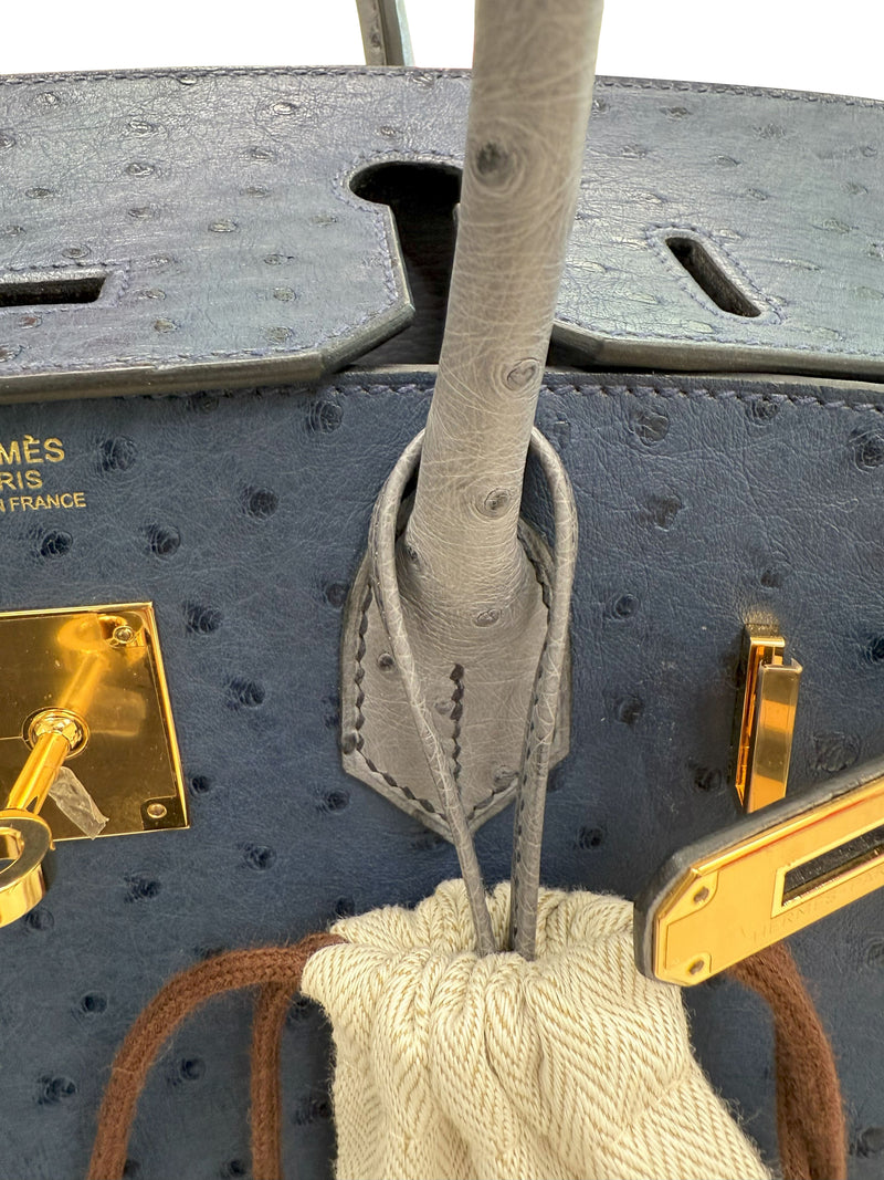Hermes Birkin 30 Bleu Iris Gris Agate Ostrich Horseshoe Matte Gold Hardware