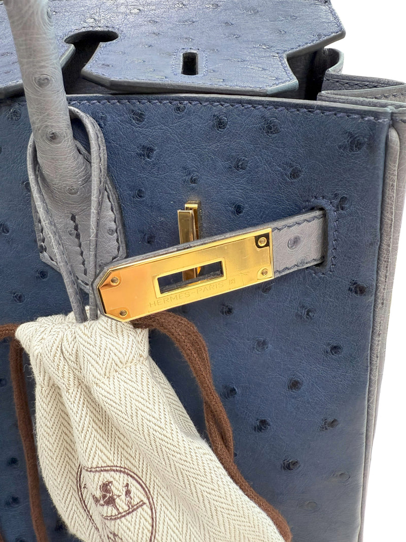 Hermes Birkin 30 Bleu Iris Gris Agate Ostrich Horseshoe Matte Gold Hardware