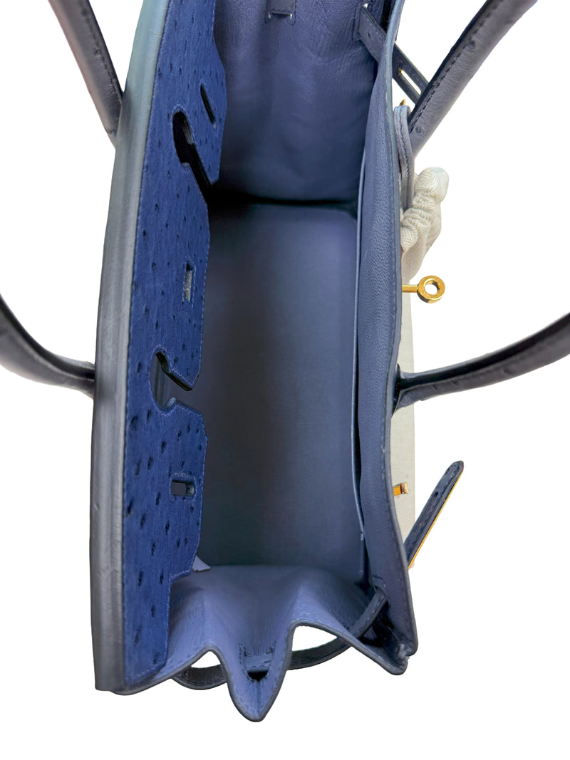 Hermes Birkin 30 Bleu Iris Gris Agate Ostrich Horseshoe Matte Gold Hardware