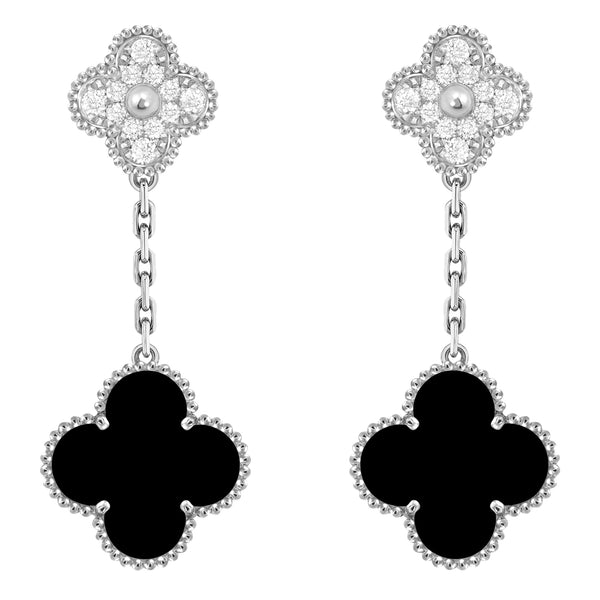 Van Cleef & Arpels Magic Alhambra 2 Onyx Motifs Diamond Earrings 18K White Gold