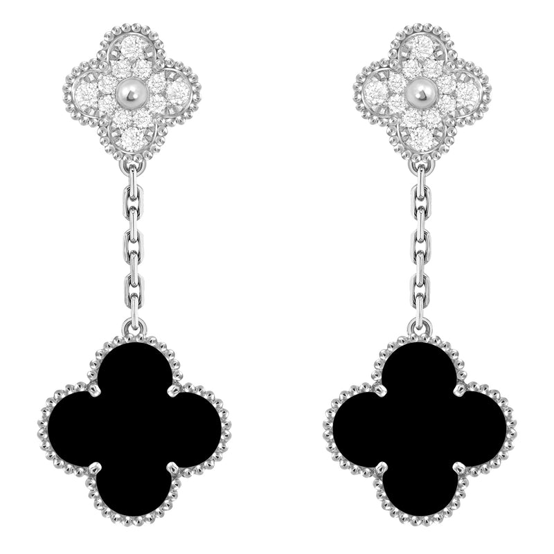 Van Cleef & Arpels Magic Alhambra 2 Onyx Motifs Diamond Earrings 18K White Gold