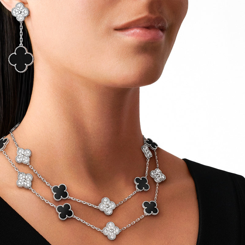 Van Cleef & Arpels Magic Alhambra 2 Onyx Motifs Diamond Earrings 18K White Gold