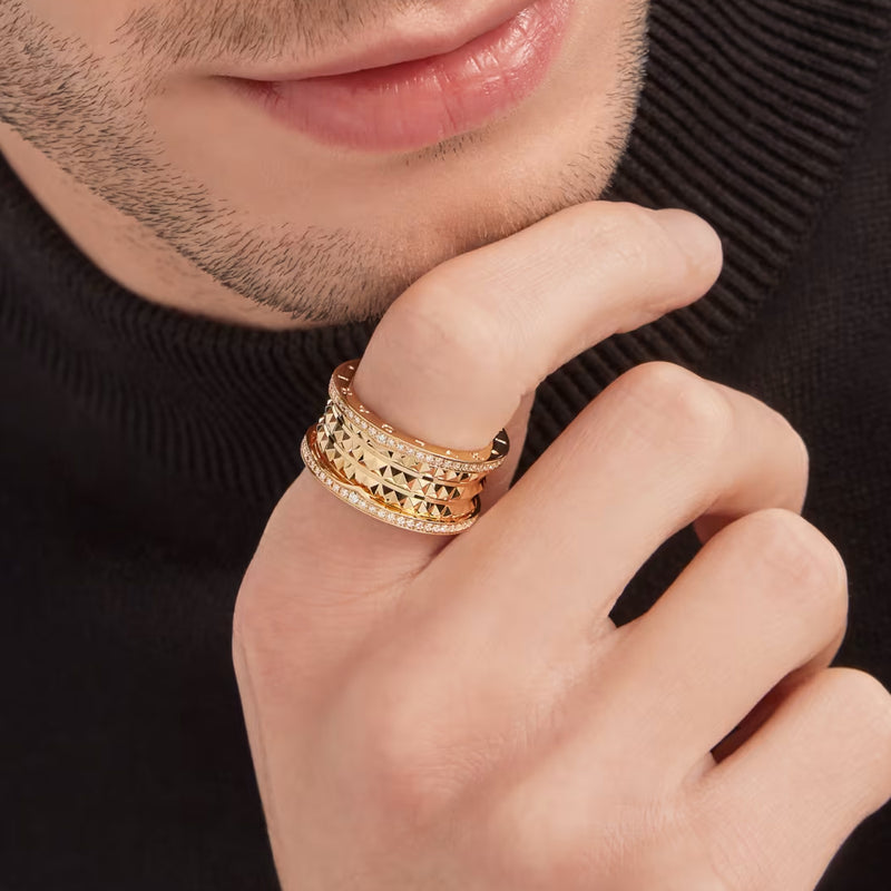 Bulgari B.zero1 Rock Four-Band Studded Spiral With Pave Diamonds Ring 18K Yellow Gold