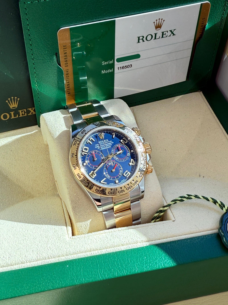 Rolex Cosmograph Daytona 40mm Blue Racing Dial Gold Steel Men's Watch 116503