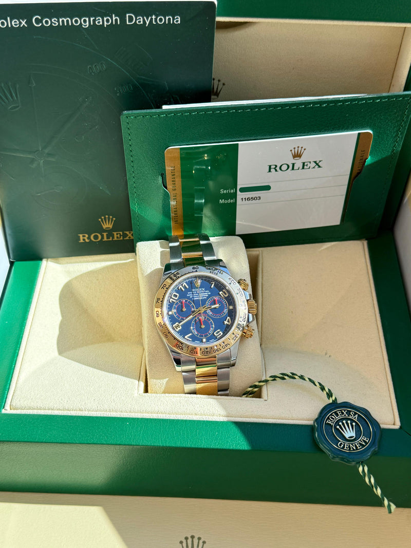 Rolex Cosmograph Daytona 40mm Blue Racing Dial Gold Steel Men's Watch 116503
