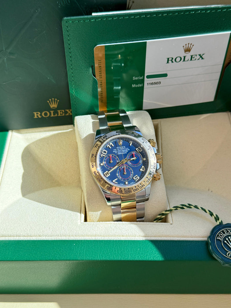Rolex Cosmograph Daytona 40mm Blue Racing Dial Gold Steel Men's Watch 116503