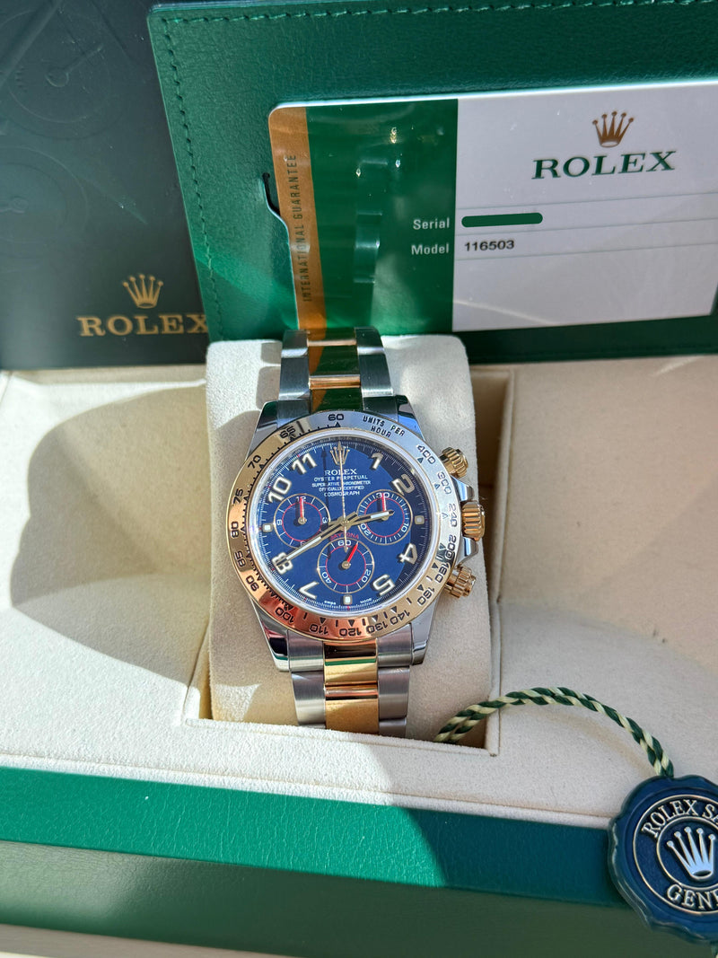 Rolex Cosmograph Daytona 40mm Blue Racing Dial Gold Steel Men's Watch 116503